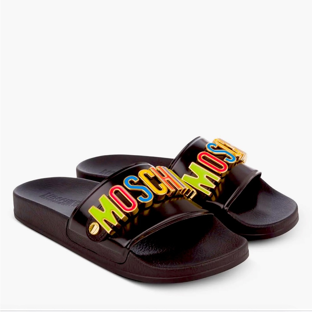 Moschino Multicolor Black Pool Slide Sandals